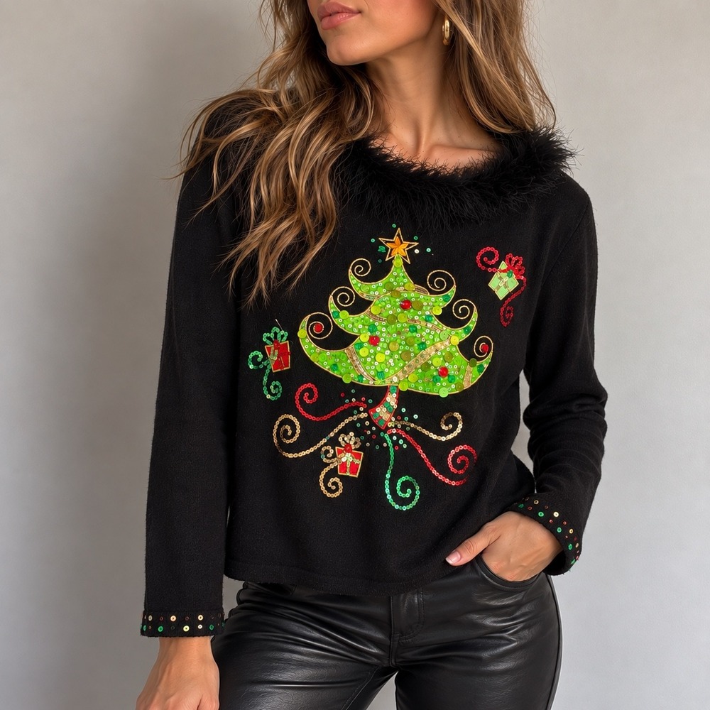 VTG Jack B Quick Black Sequin Christmas Tree Sweater Faux Fur Trim Medium Y2K